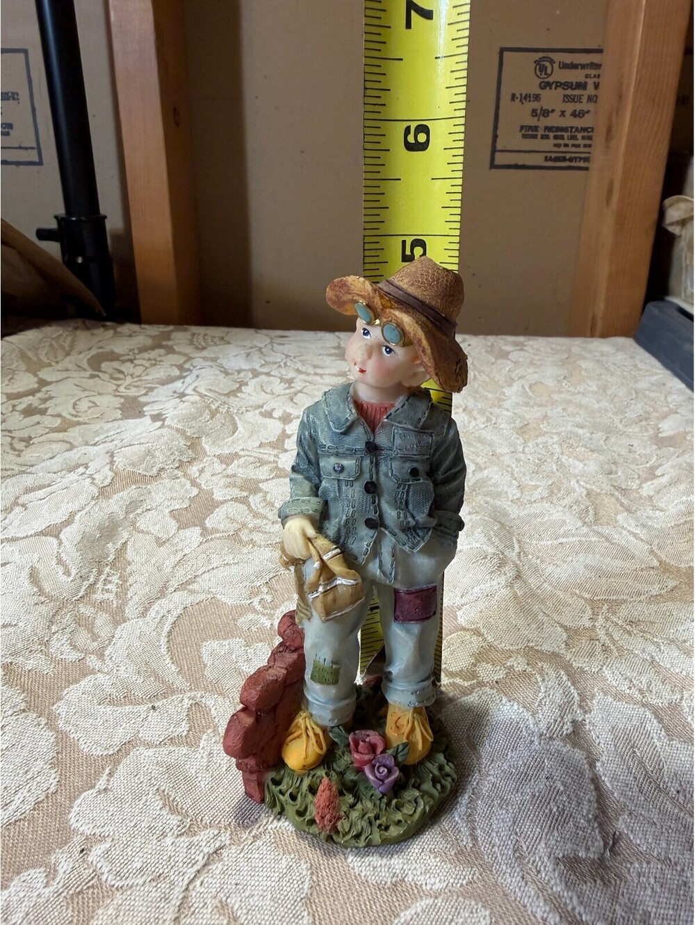 FIGURINE Vintage of Boy in Denim Outfit with Straw Hat
